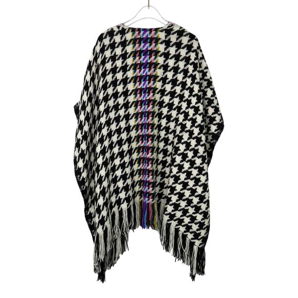 Chico's Houndstooth Ruana Wrap Shall Poncho Knit Sweater Rainbow Tassels Cozy - Picture 2 of 8